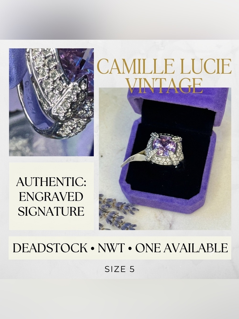 NWT Vintage Camille Lucie Purple Crystal Statement Ring Size 5